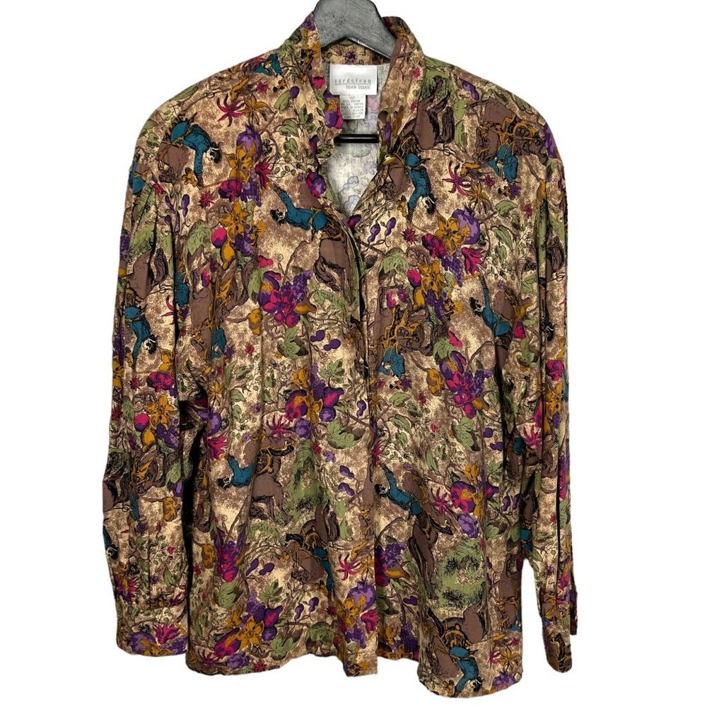Vintage 90s Revolutionary War Soldier Flora Print Long Sleeve Button Up Top Size